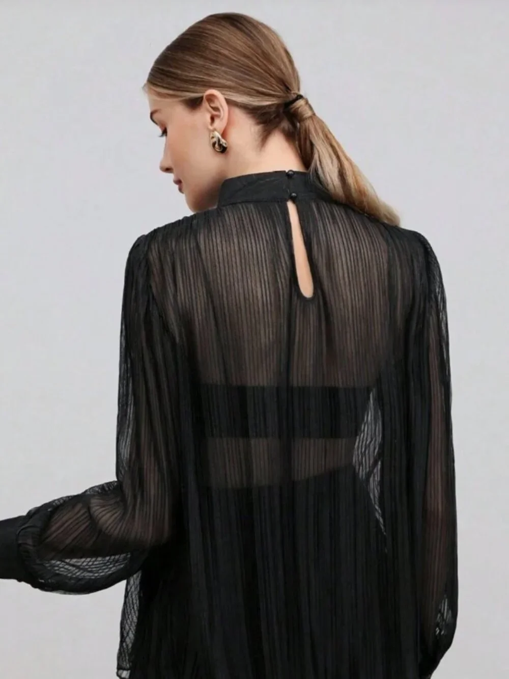 Sheer Black and Metallic Silver Pinstriped Blouse - Corporate Goth, Minimalist - Picture 8 of 8